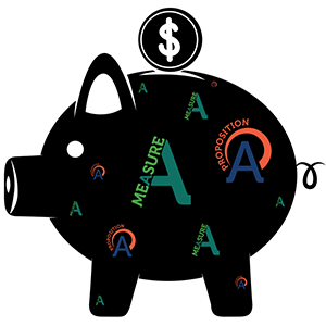 A black piggy bank covered with various Measure A and Proposition A symbols, with a coin featuring a dollar sign being inserted at the top